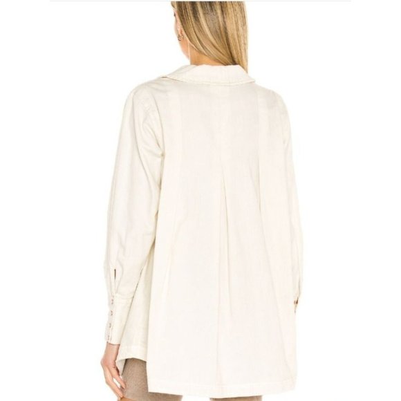 Free People Charlie Denim Button Down Top Dress Ecru Ruffle Trim Size M - Picture 3 of 11